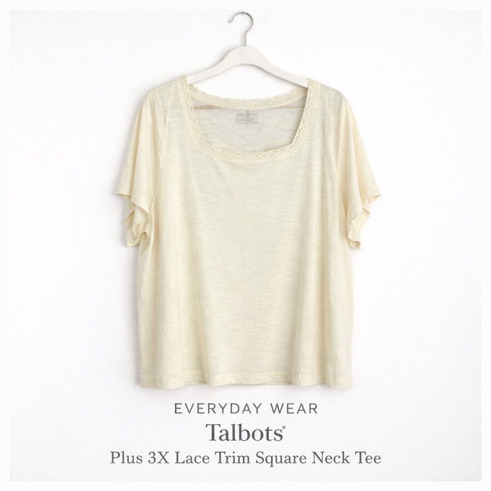 Talbots Plus 3X Cream Lace Trim Square Neck Cotton Modal Tee